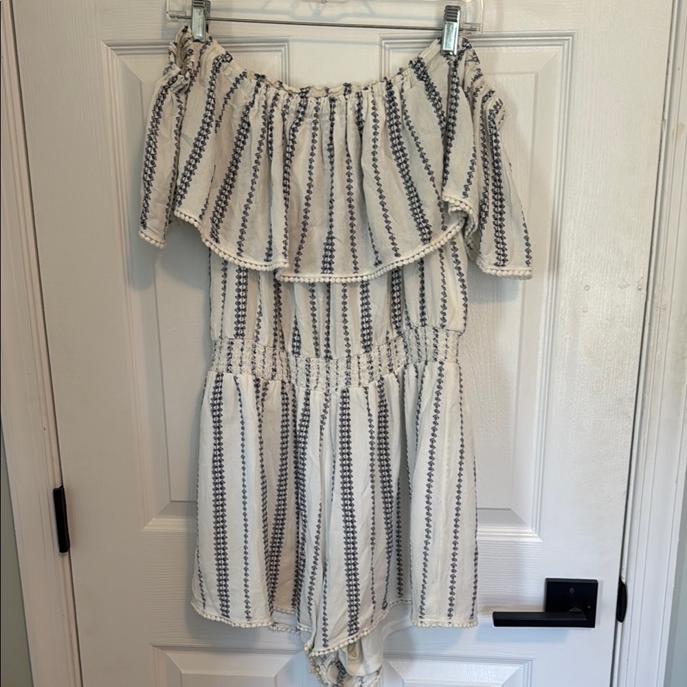 Lulus Blue and White Striped Off-Shoulder Romper